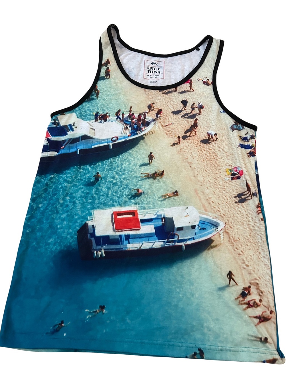 Vintage Spicy Tuna Graphic Beach Scene Tank